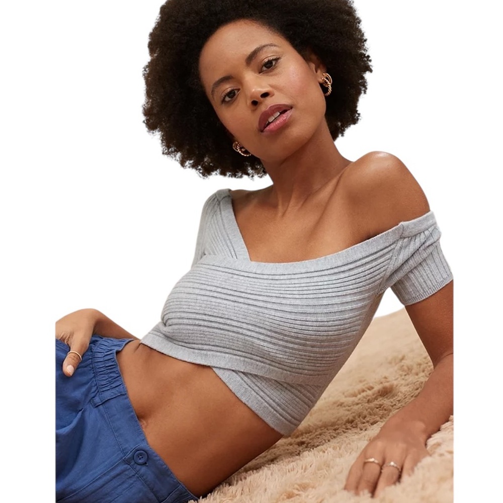 NWT Aerie ($49.95Cad) Gray Reversible Cropped Sweater Top